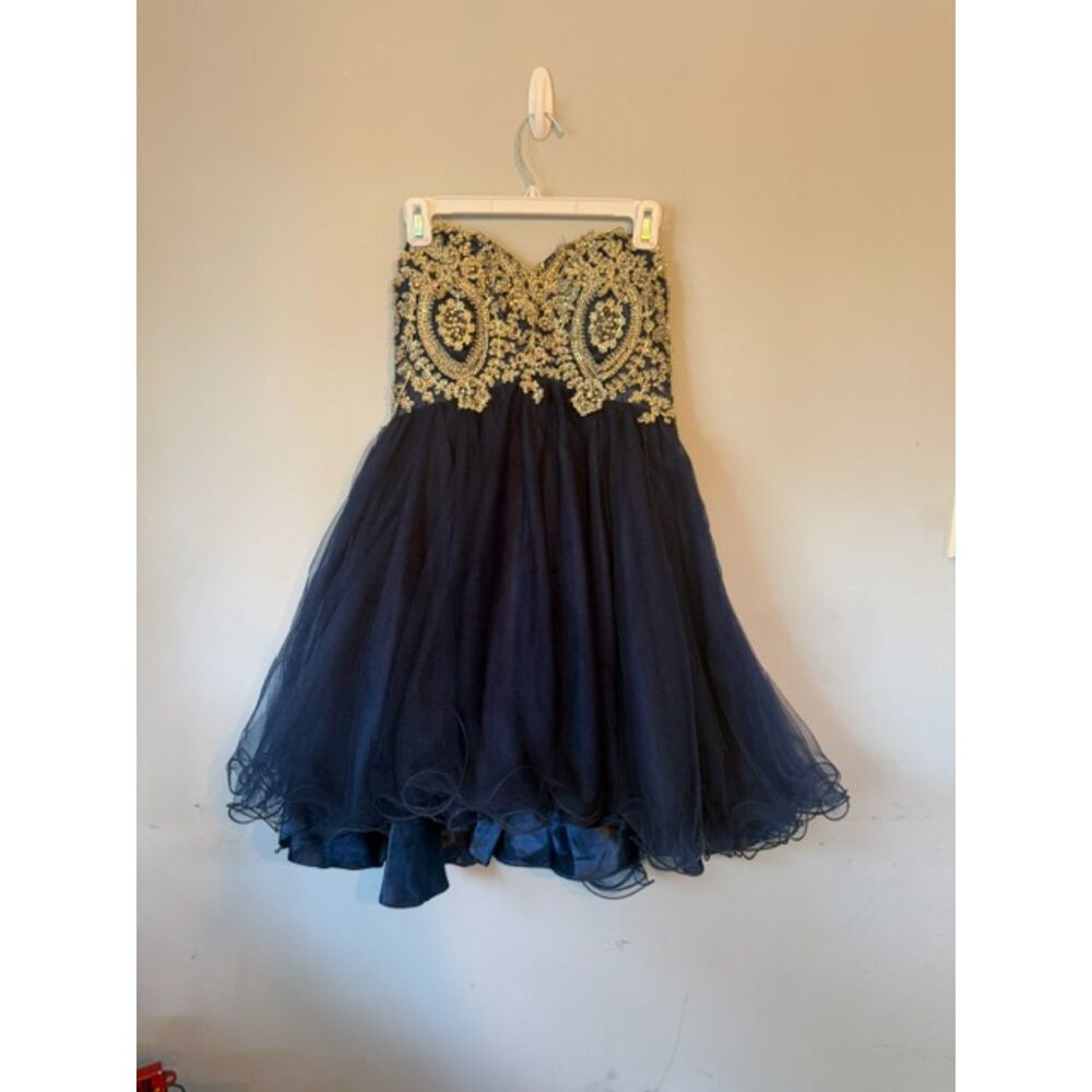 Narianna Navy Gold Beaded Strapless Corset Homecoming Dress Size M